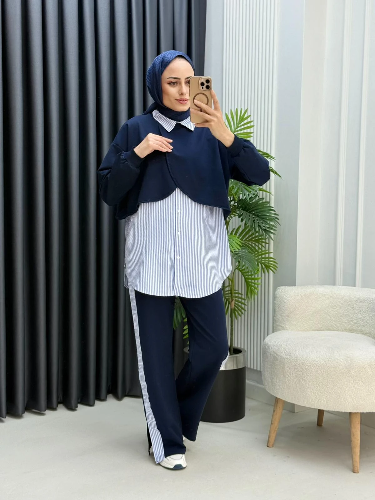 Pelerinli Çizgili Gömlek 3'lü Takım