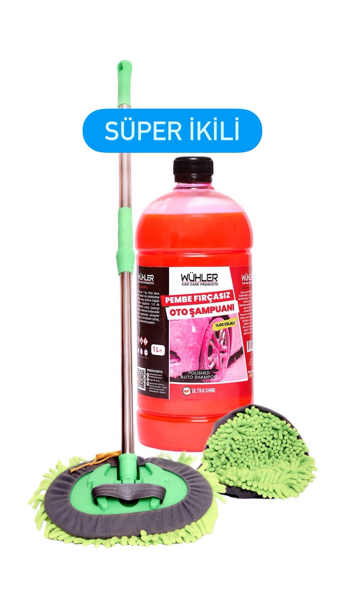 Pembe Fırçasız Oto Şampuan (%60 Cilalı ) + Wühler Yedek Başlık hediyeli Mop