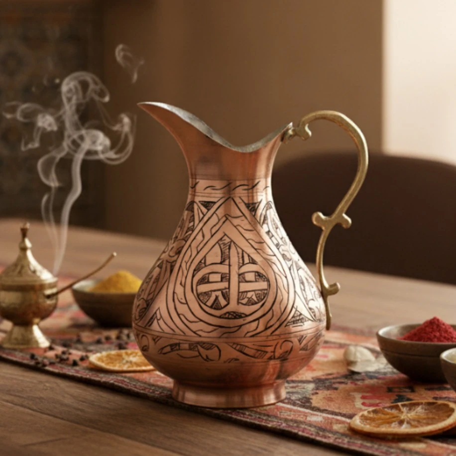 El İşleme %100 Bakır Sürahi – Gaziantep El İşçiliği | 1.2 Litre | Kalaylı İç Yüzey