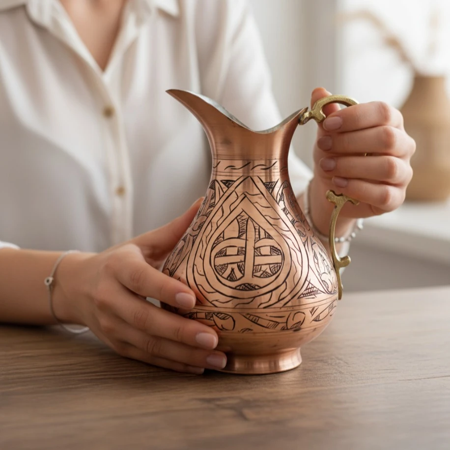 El İşleme %100 Bakır Sürahi – Gaziantep El İşçiliği | 1.2 Litre | Kalaylı İç Yüzey