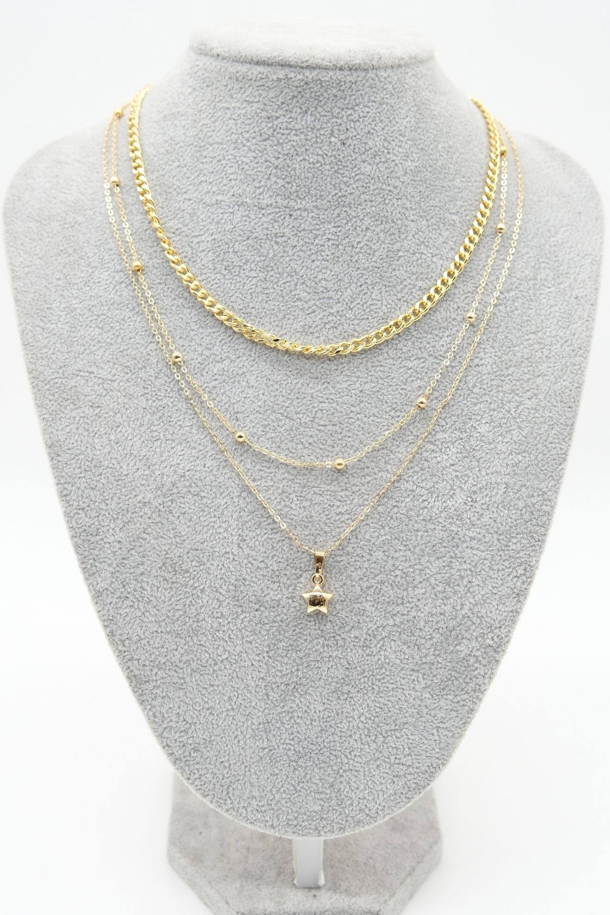 Üçlü Zincir Model Gold Renk Yıldız Kolye