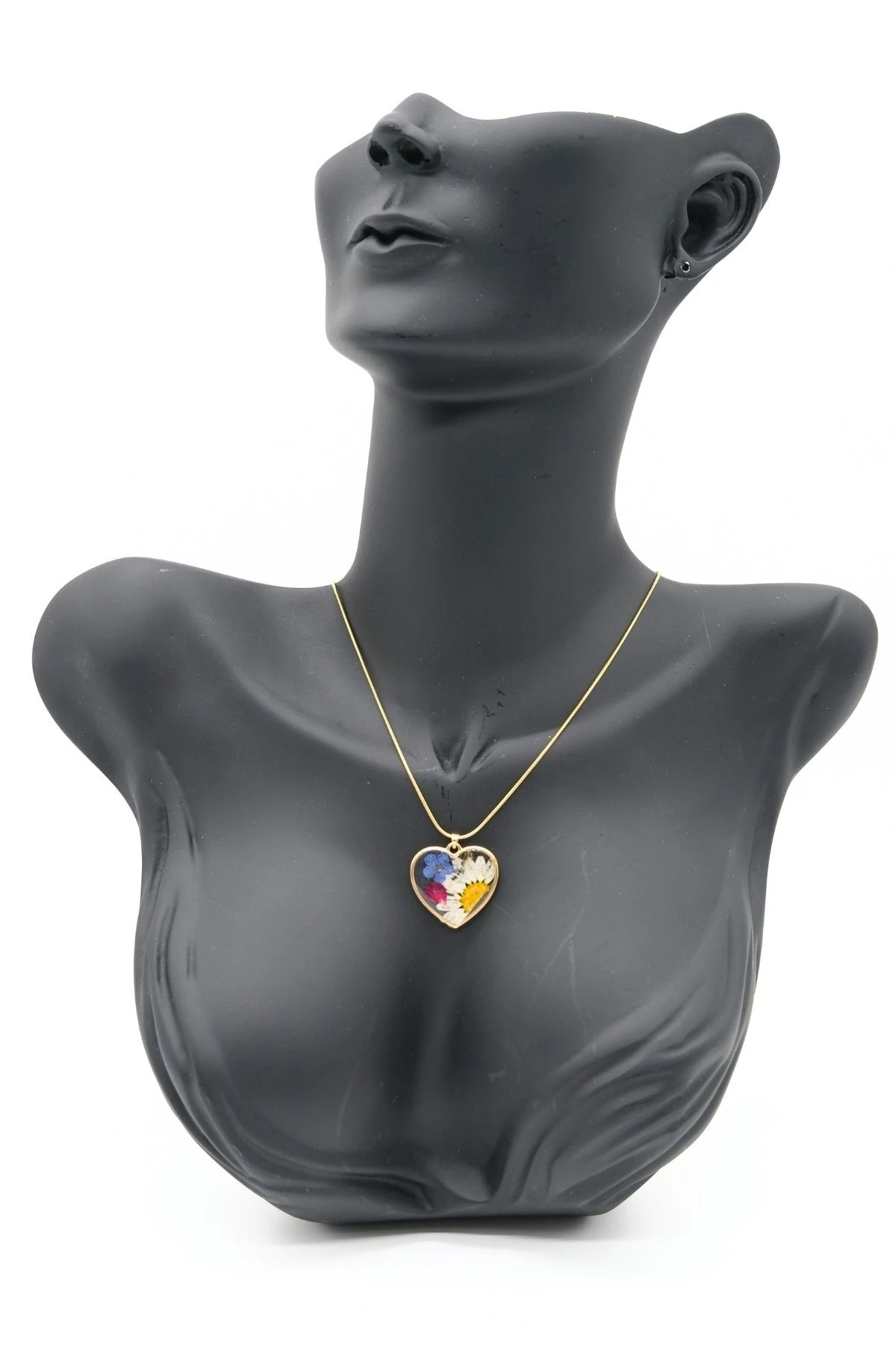 Çelik Gold Renk Zincir Kalp Epoksi Çiçek Model Kolye