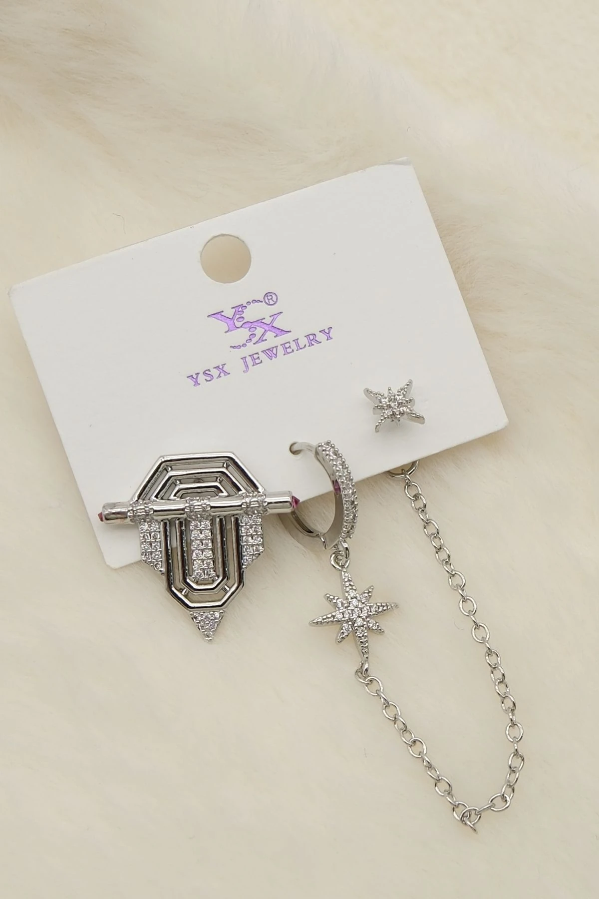 Gümüş Renk Serenat Model 3 Lü Set Zirkon Taşlı Küpe