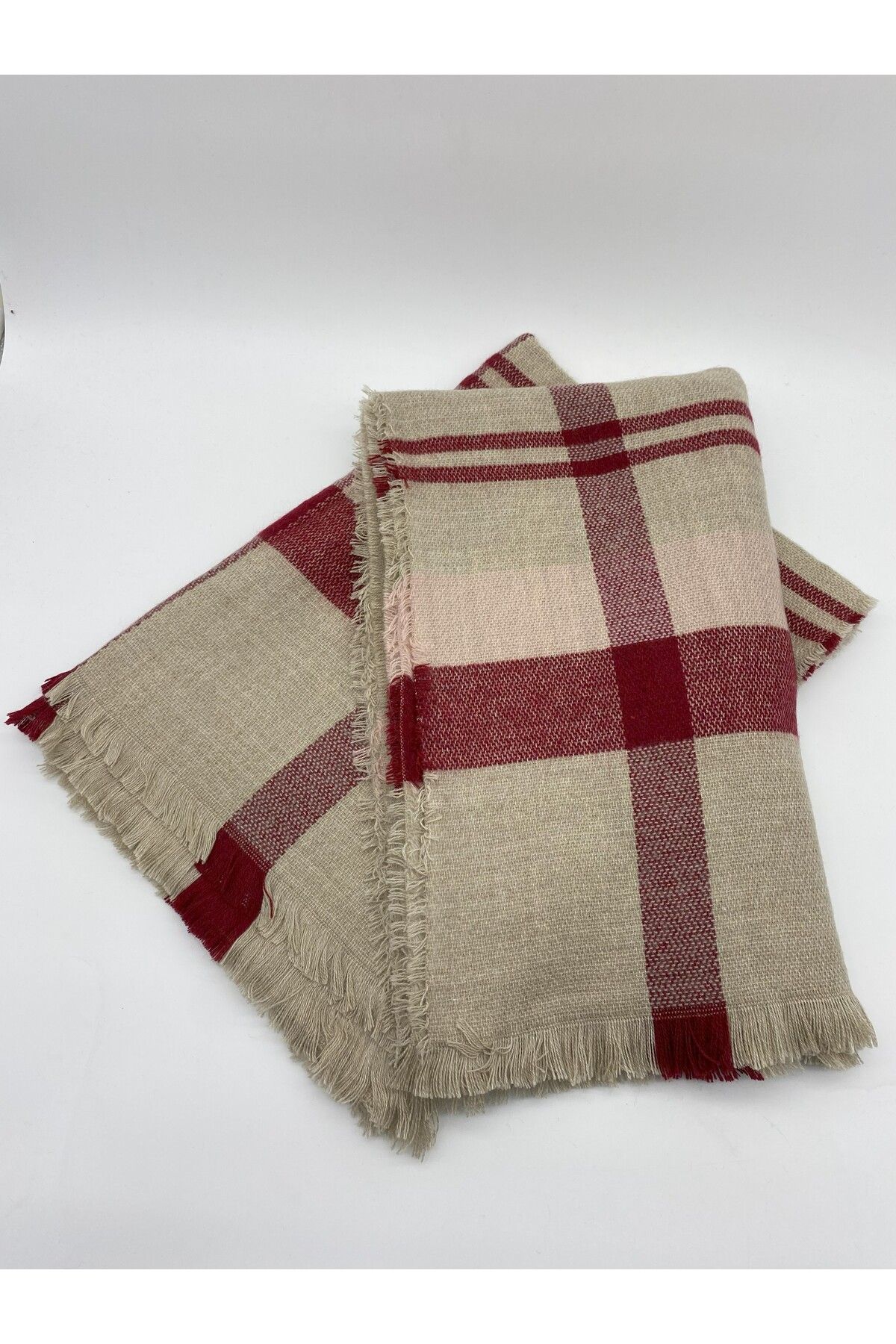 Kırmızı Bej Karışık Renk Çizgi Detay Şal