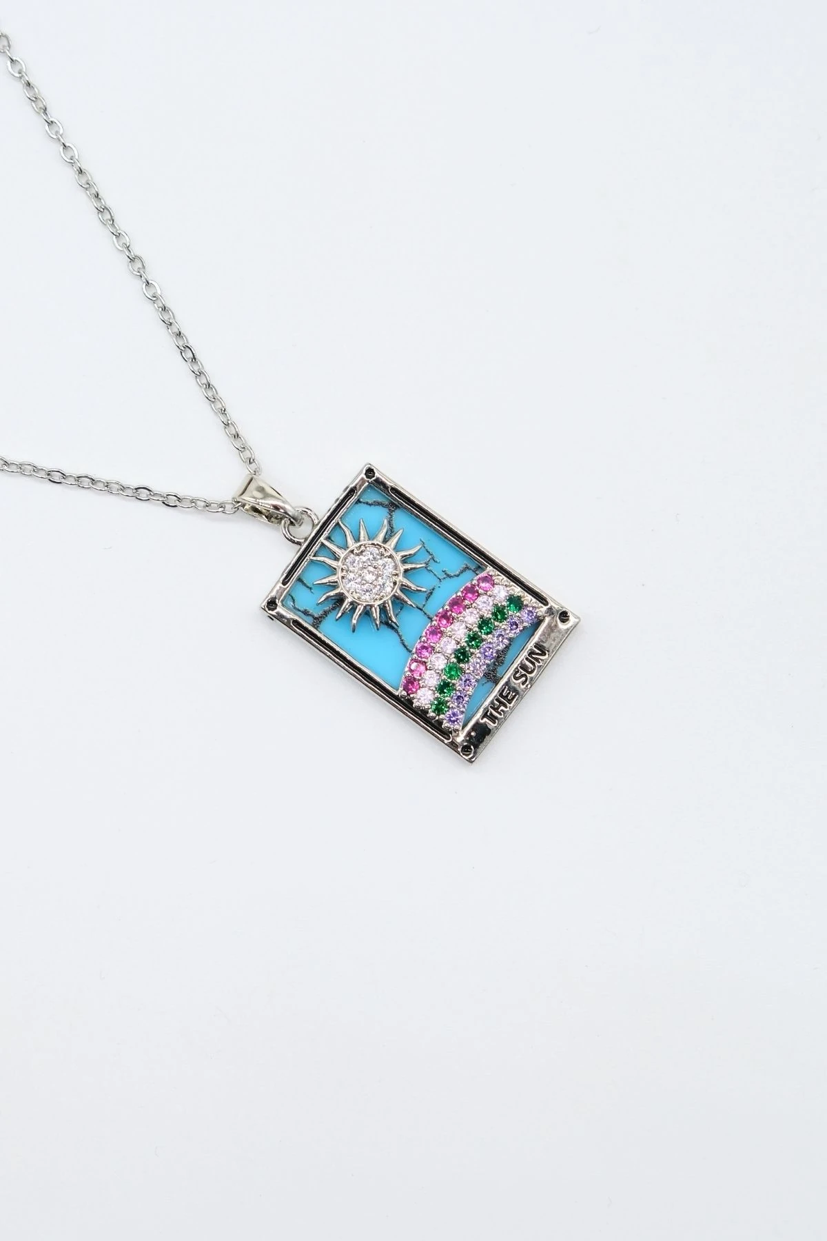 Çelik Gümüş Renk Zincir The Sun Tarot Kolye