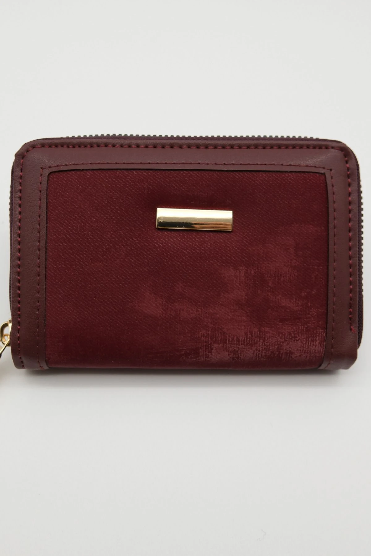 Bordo Renk Fermuarlı Süet Cüzdan