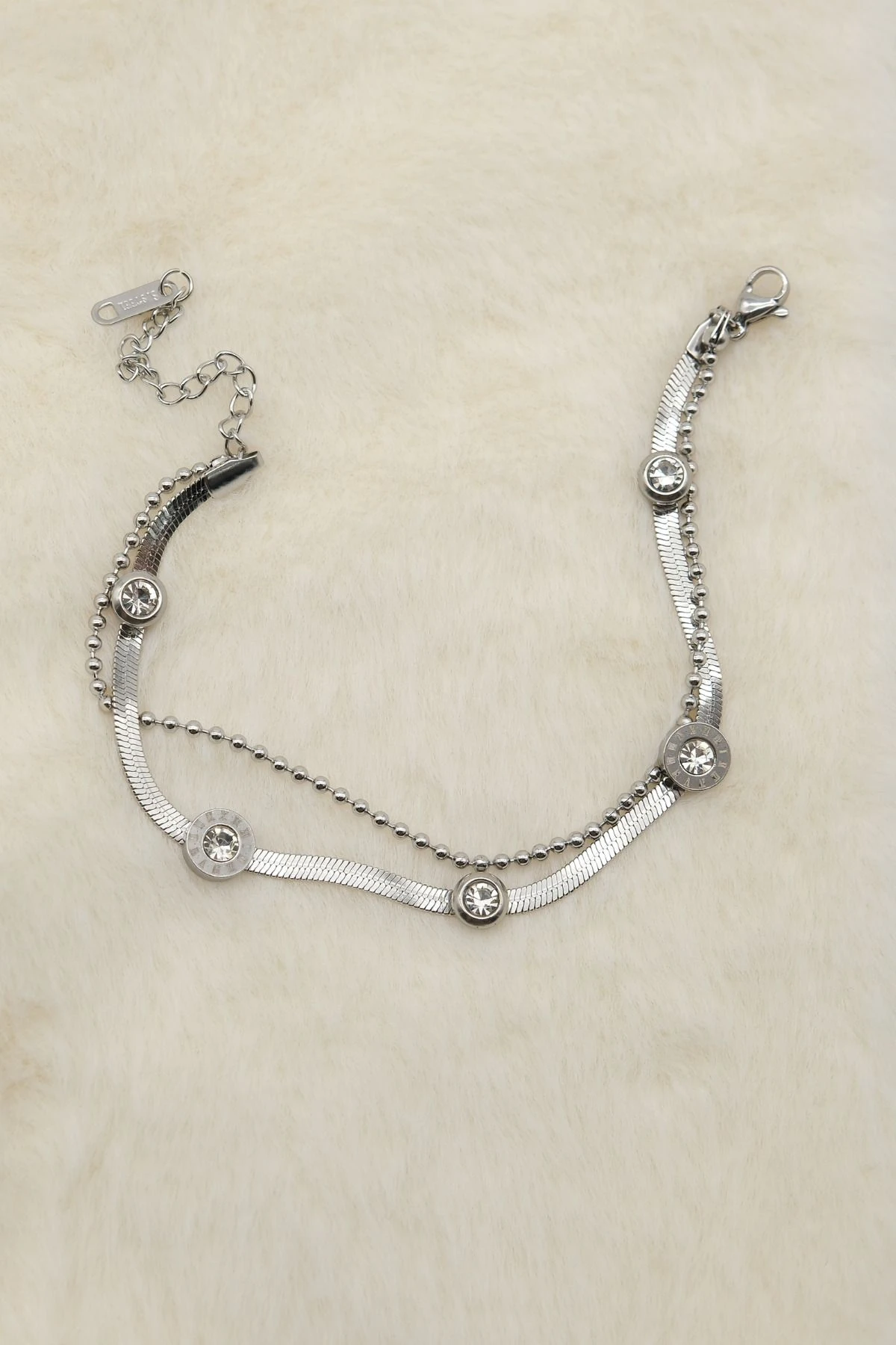 Gümüş Renk 2'li zincir  Zirkon Taş Figürlü Bileklik