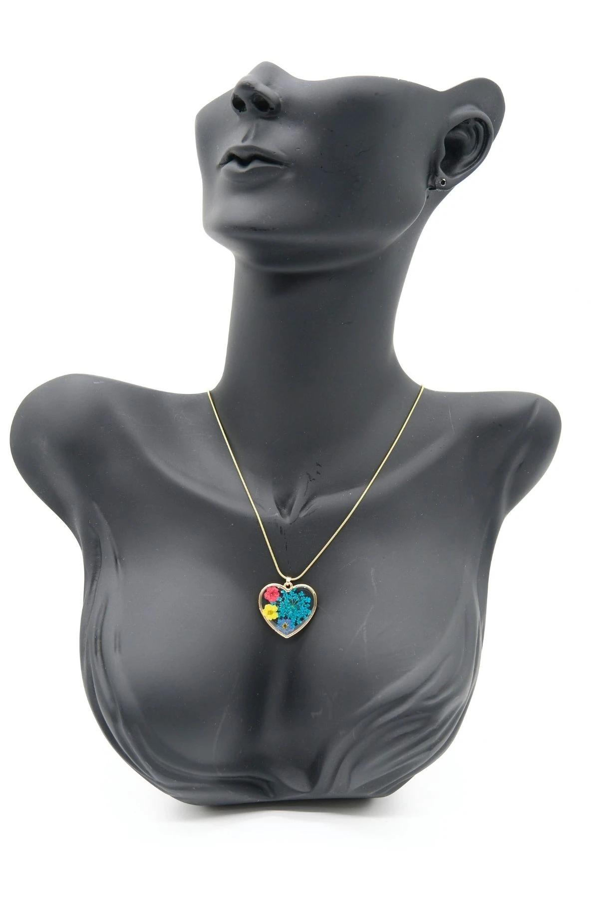 Çelik Gold Renk Zincir Kalp Epoksi Çiçek Model Kolye