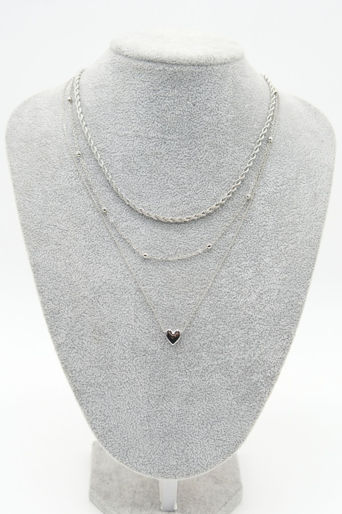 Üçlü Zincir Model Gümüş Renk Minimalist Kalp Kolye