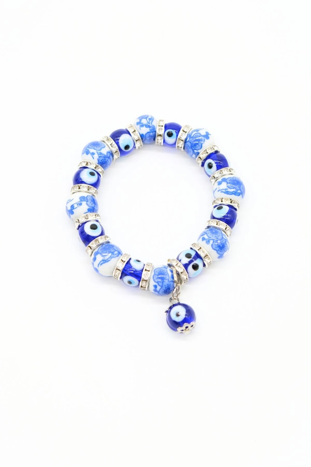 Mavi Seramik Çiçek Desenli Nazar Boncuklu Bileklik