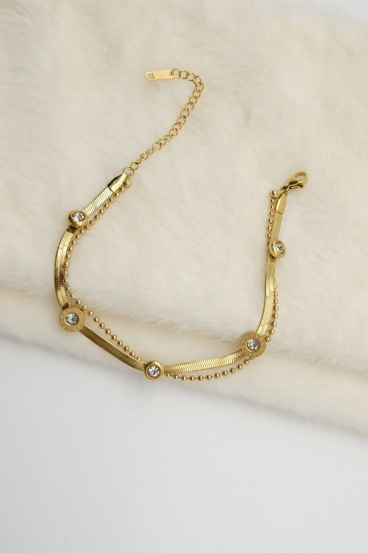 Gold Renk 2'li zirkon Taşlı  Top Taş Figürlü  Bileklik