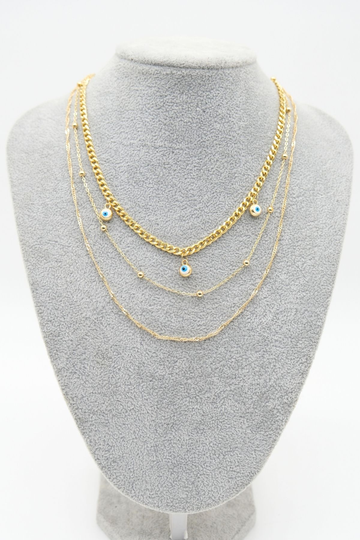 Üçlü Zincir Model Nazar Boncuğu Kolye