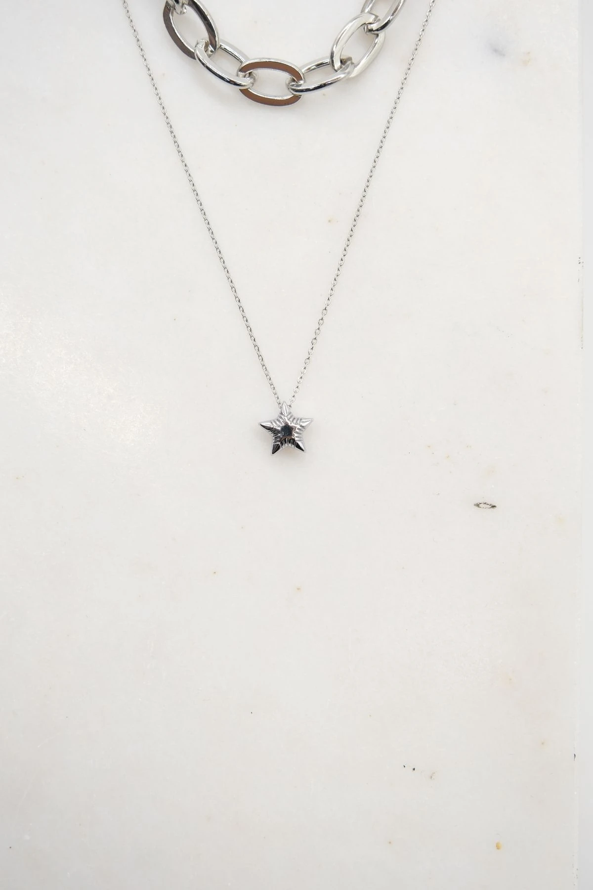 İkili Zincir Model Gümüş Renk Minimalist Yıldız Kolye