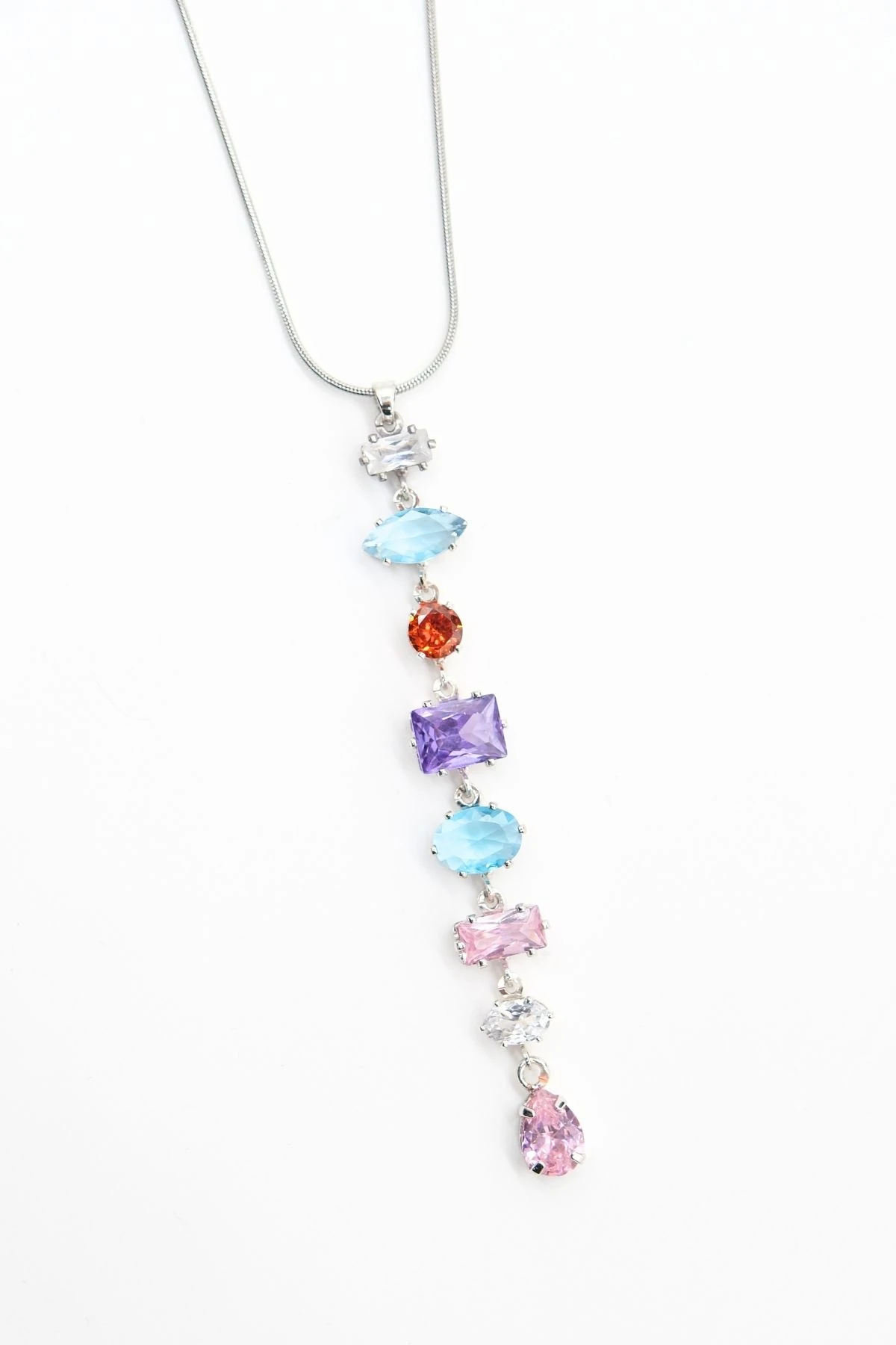 Çelik Silver Renk Zincir Baget Taşlı Y Kolye