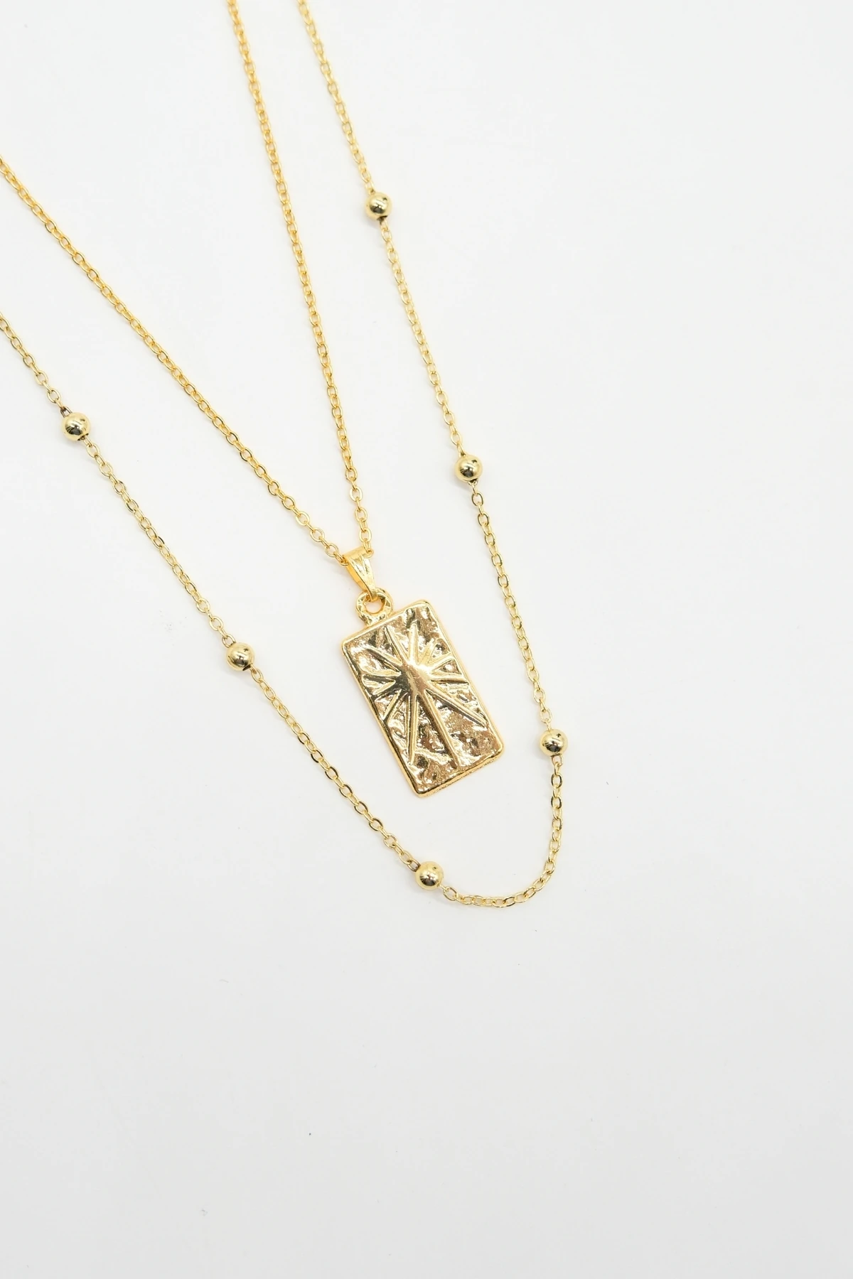 Çift Zincir Kuzey Yıldızı Plaka Gold Kolye