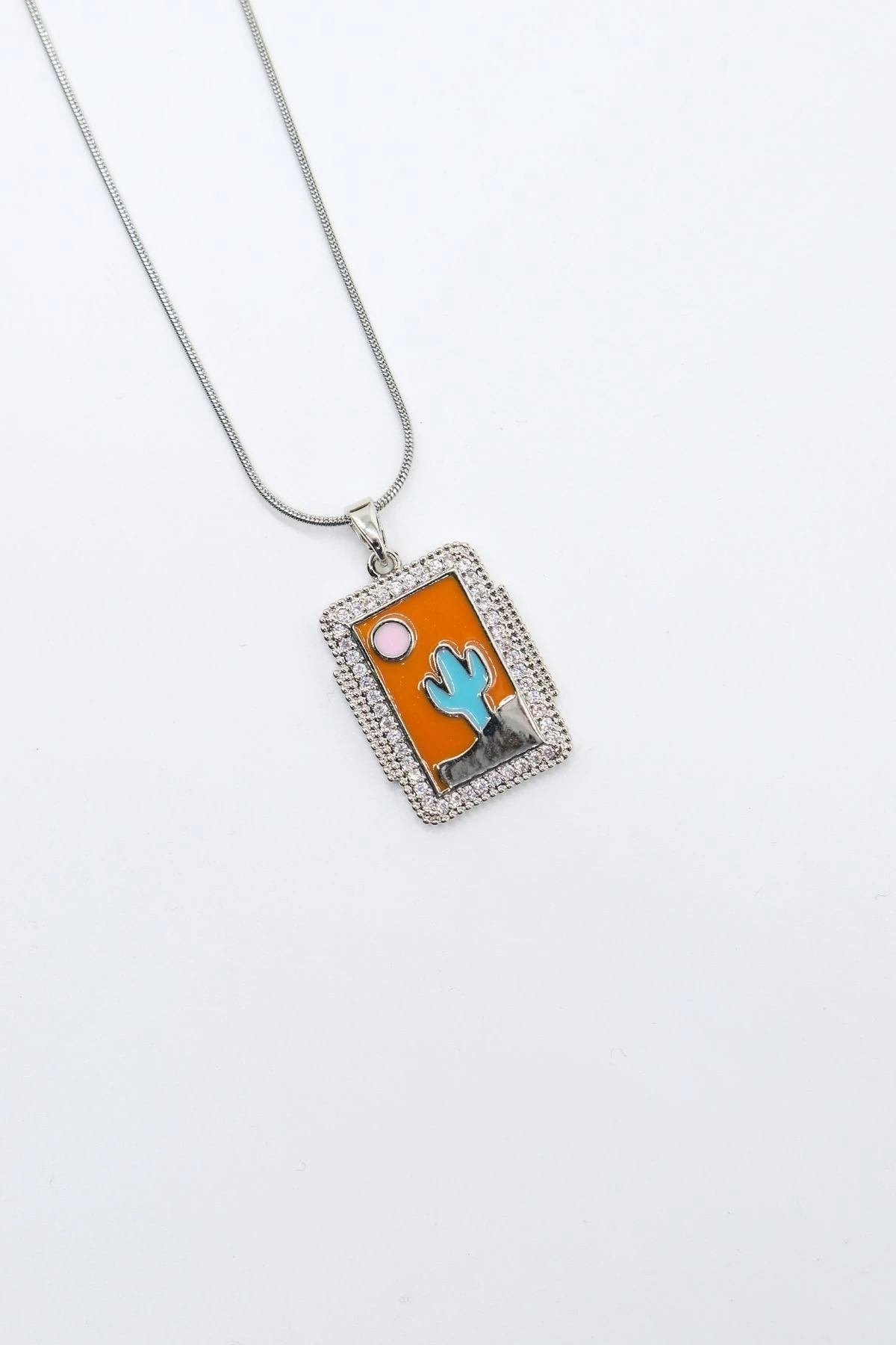 Çelik Gümüş Renk Zincir Kaktüs Figürlü Kolye