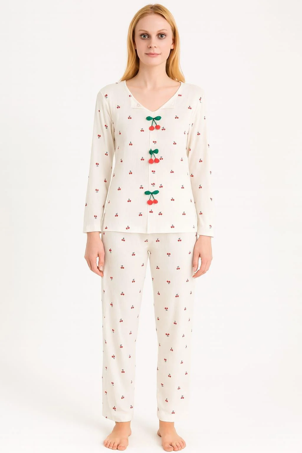 Kiraz Desenli Kaşkorse Pijama Takımı