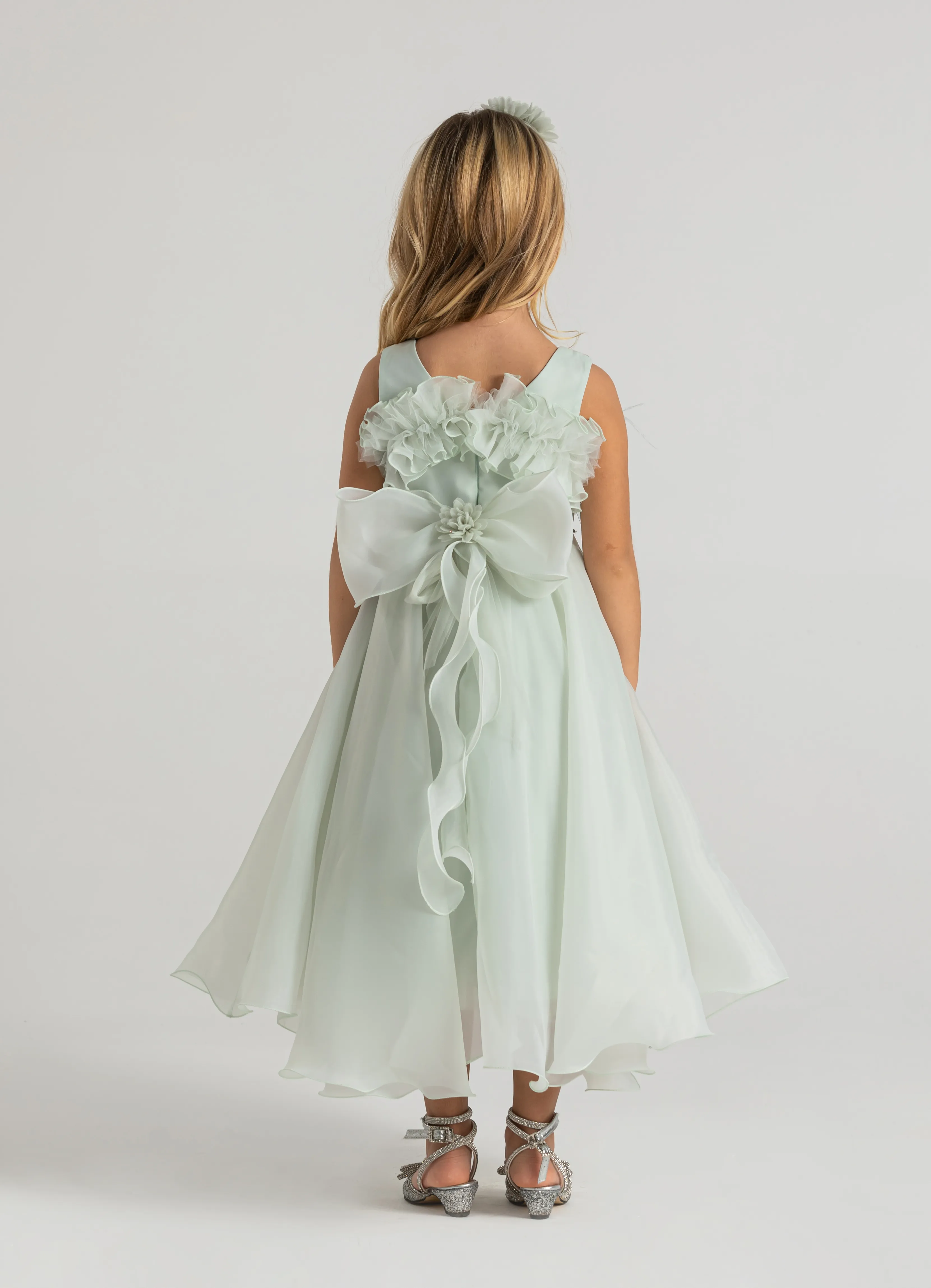 Fırfır tüy detaylı kız çocuk abiye elbise