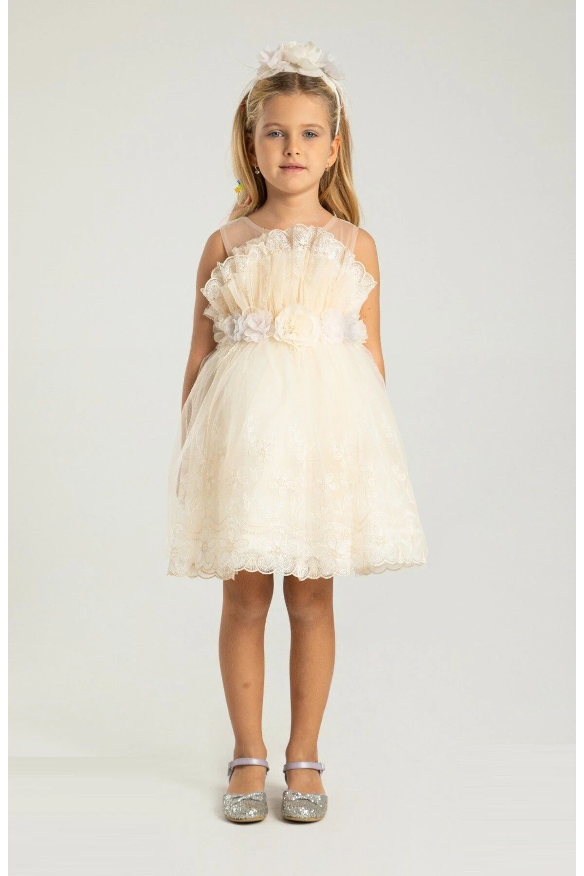 Çiçek Detaylı Kız Çocuk abiye Elbise