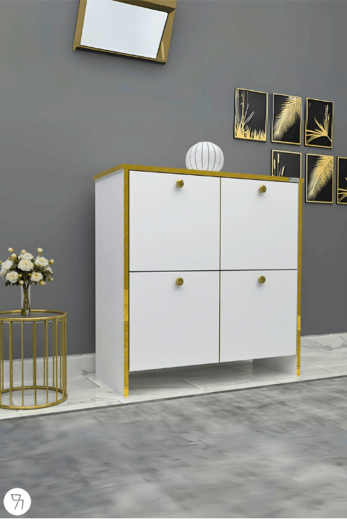 %100 Mdf 4 Kapaklı Küp Altın Sarısı Desenli Gövdeli Ayakkabılık