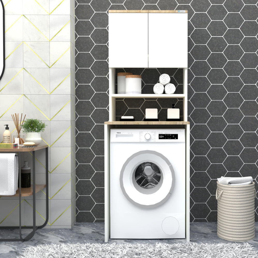 %100 MDF lam Çamaşır Makinesi Dolabı 3 Raflı Kapaklı Banyo Dolabı Beyaz -Ceviz