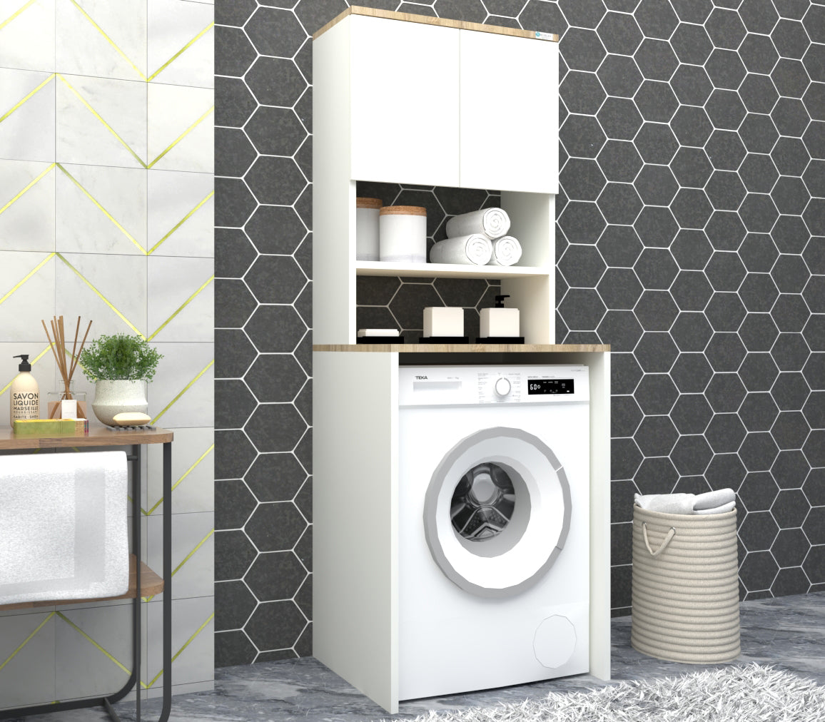 %100 MDF lam Çamaşır Makinesi Dolabı 3 Raflı Kapaklı Banyo Dolabı Beyaz -Ceviz