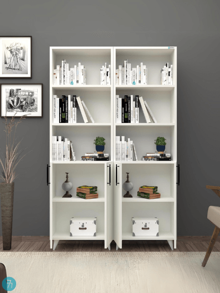 %100 Mdf Kapaklı İkili Modül Ayaklı Beyaz Ki̇taplık