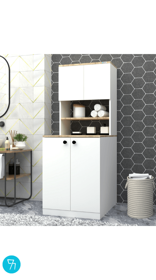 % 100 Mdf Lam Çamaşır Makinesi Dolabı Kapaklı 3 Raflı Üst Dolaplı Banyo Dolabı Beyaz -ceviz