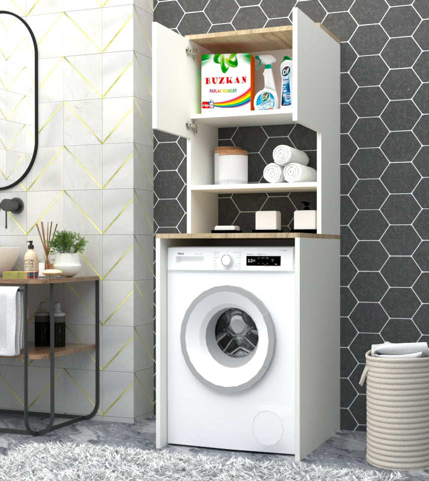 %100 MDF lam Çamaşır Makinesi Dolabı 3 Raflı Kapaklı Banyo Dolabı Beyaz -Ceviz