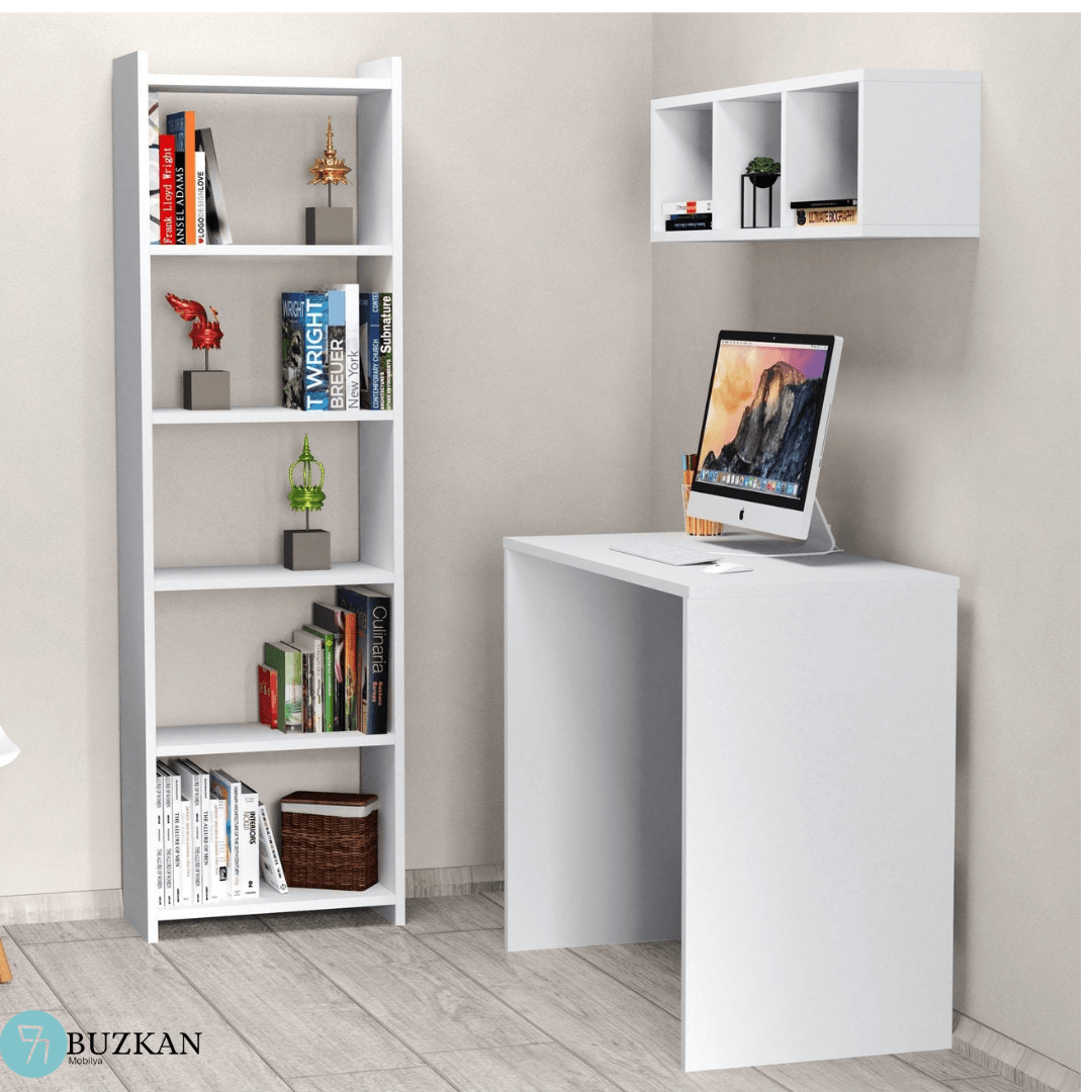 % 100 mdf Beyaz Raflı Kitaplıklı Çalışma Masası