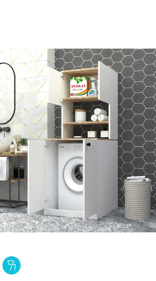 % 100 Mdf Lam Çamaşır Makinesi Dolabı Kapaklı 3 Raflı Üst Dolaplı Banyo Dolabı Beyaz -ceviz