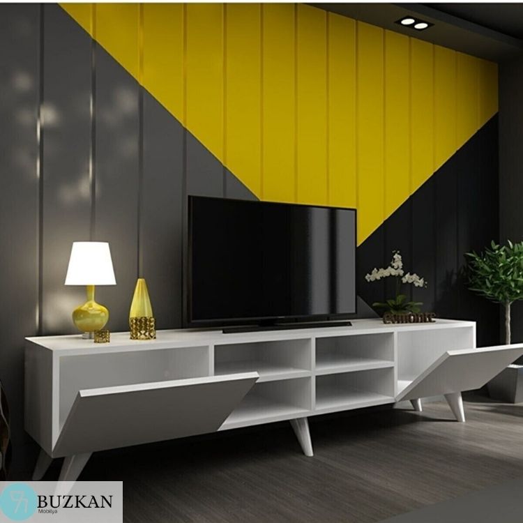 %100 Mdflam 2 Kapaklı Beyaz Parlak Televizyon Ünitesi