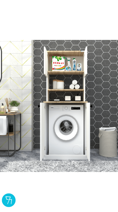 % 100 Mdf Lam Çamaşır Makinesi Dolabı Kapaklı 3 Raflı Üst Dolaplı Banyo Dolabı Beyaz -ceviz