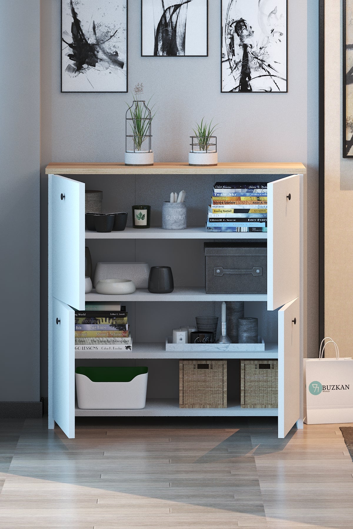 %100 Mdf lam Ayakkabı Dolabı: Beyaz(üstü desen’li) Country Ayakkabılık