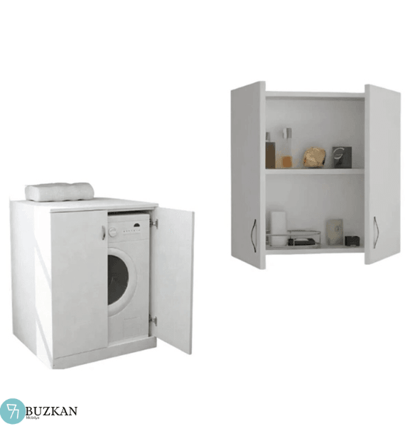 %100 Mdf lam Beyaz Çamaşır Makinesi Dolabı Ve Üst Dolap Seti