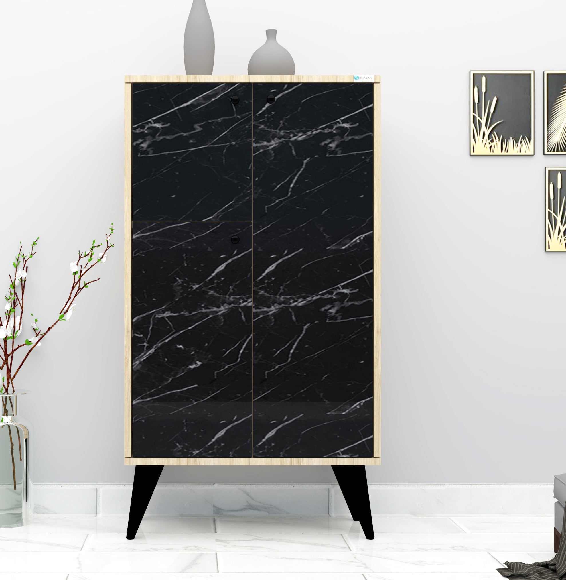 %100 Mdf Lam Siyah Desenli Kapaklı 6 Raflı Ayakkabılık