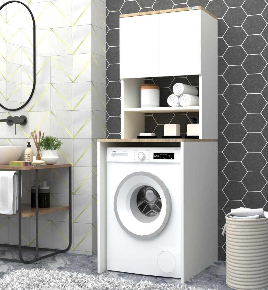 %100 MDF lam Çamaşır Makinesi Dolabı 3 Raflı Kapaklı Banyo Dolabı Beyaz -Ceviz