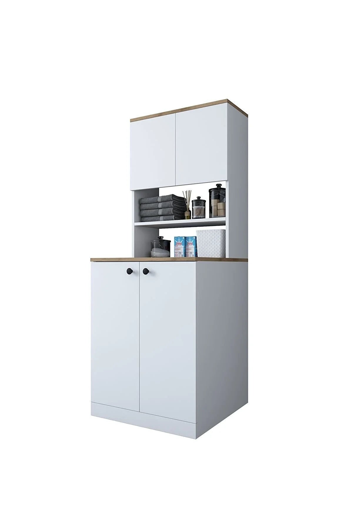 % 100 Mdf Lam Çamaşır Makinesi Dolabı Kapaklı 3 Raflı Üst Dolaplı Banyo Dolabı Beyaz -ceviz