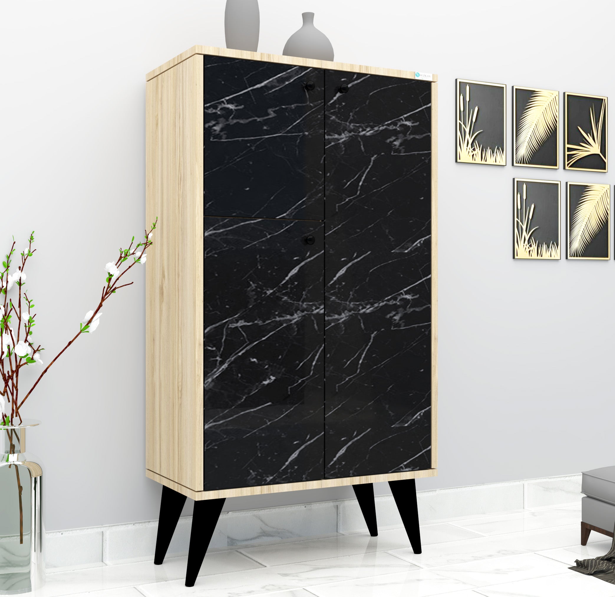 %100 Mdf Lam Siyah Desenli Kapaklı 6 Raflı Ayakkabılık