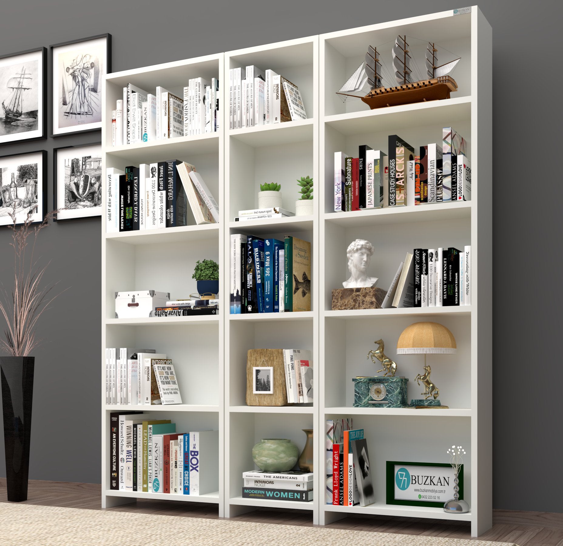 % 100 Mdf Beyaz 5 Raflı Kitaplık