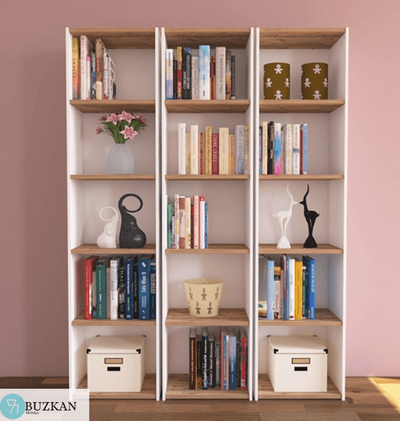 %100 mdf lam Beyaz-Atlantik Çam 3'lü Kitaplık