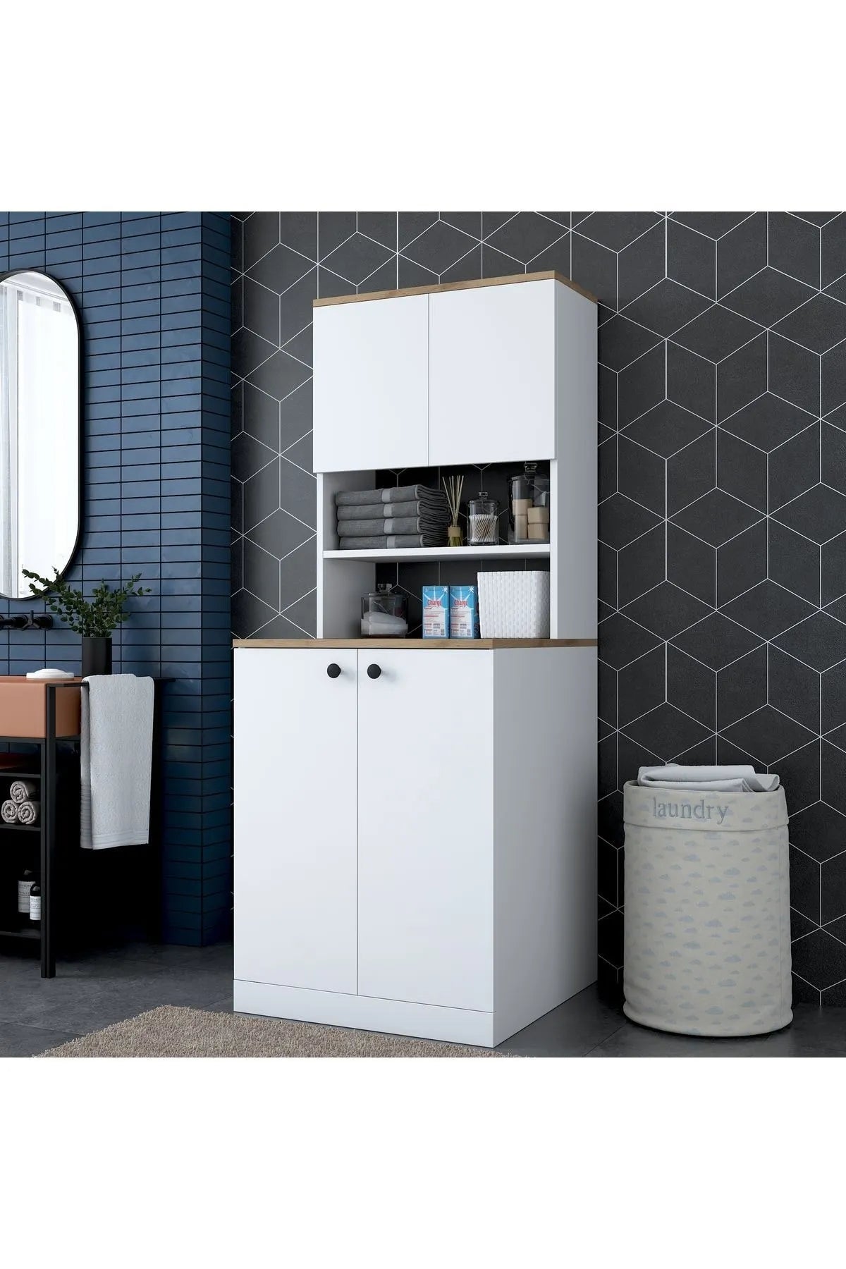 % 100 Mdf Lam Çamaşır Makinesi Dolabı Kapaklı 3 Raflı Üst Dolaplı Banyo Dolabı Beyaz -ceviz