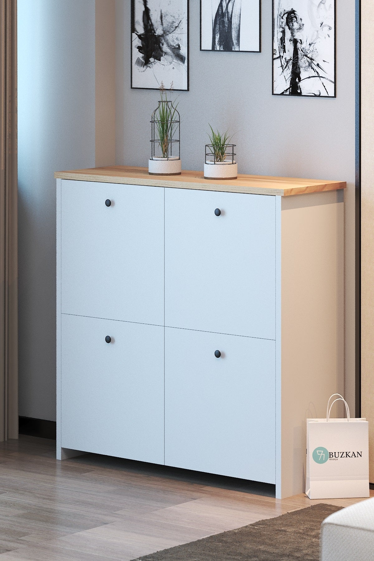 %100 Mdf lam Ayakkabı Dolabı: Beyaz(üstü desen’li) Country Ayakkabılık