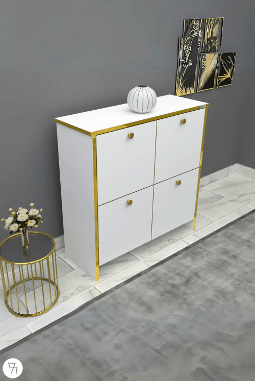 %100 Mdf 4 Kapaklı Küp Altın Sarısı Desenli Gövdeli Ayakkabılık