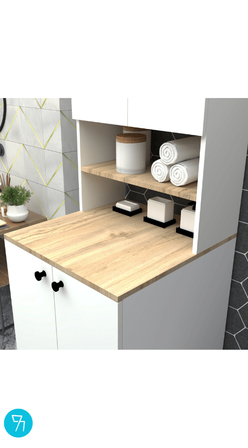 % 100 Mdf Lam Çamaşır Makinesi Dolabı Kapaklı 3 Raflı Üst Dolaplı Banyo Dolabı Beyaz -ceviz