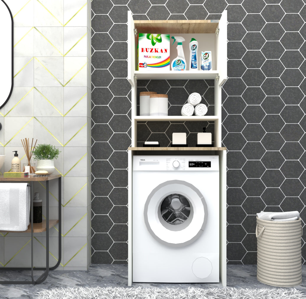 %100 MDF lam Çamaşır Makinesi Dolabı 3 Raflı Kapaklı Banyo Dolabı Beyaz -Ceviz