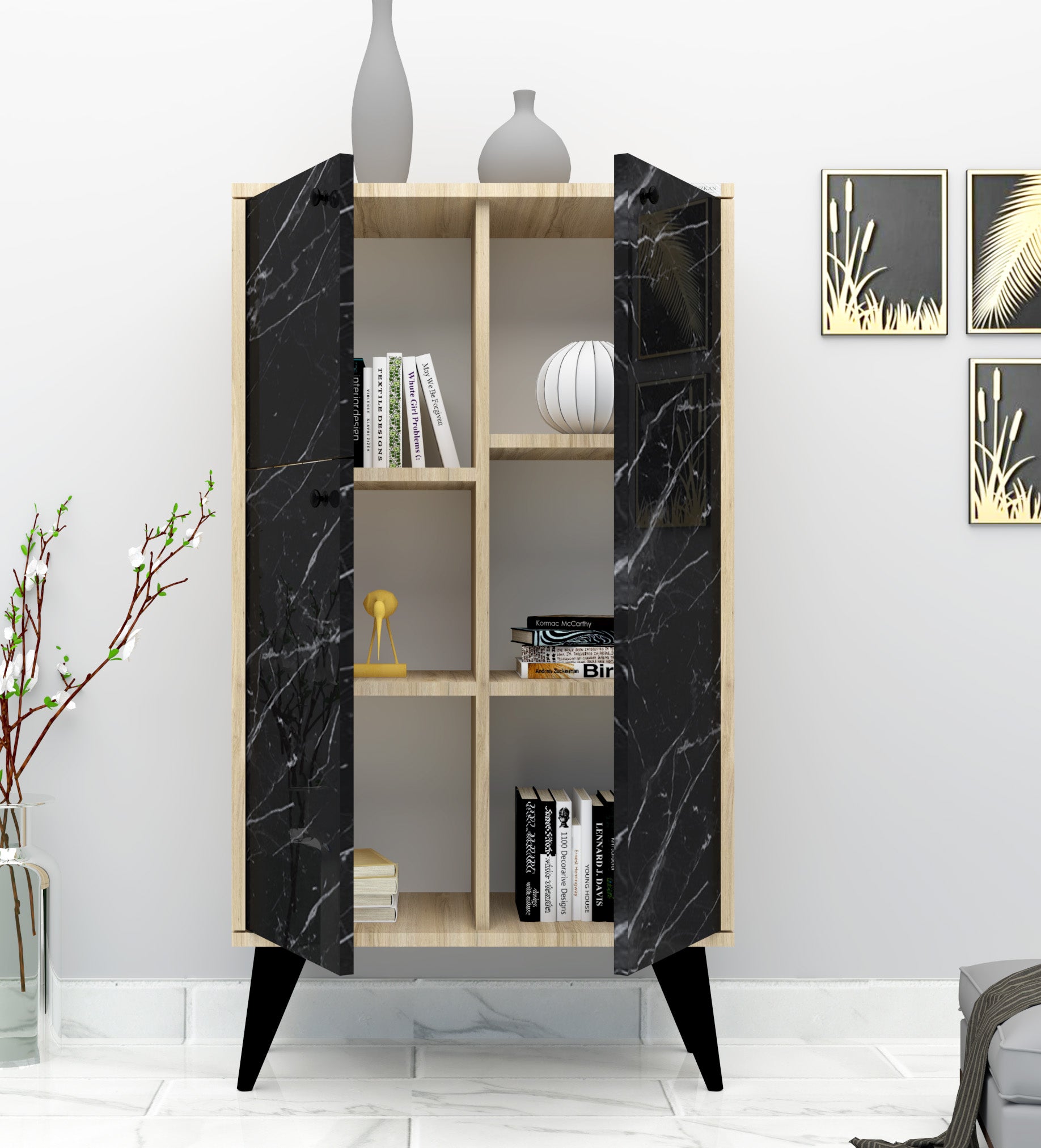 %100 Mdf Lam Siyah Desenli Kapaklı 6 Raflı Ayakkabılık