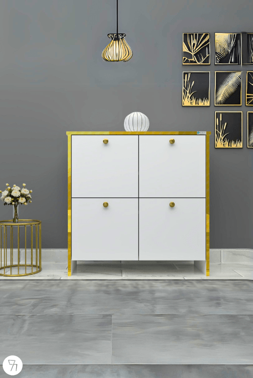 %100 Mdf 4 Kapaklı Küp Altın Sarısı Desenli Gövdeli Ayakkabılık