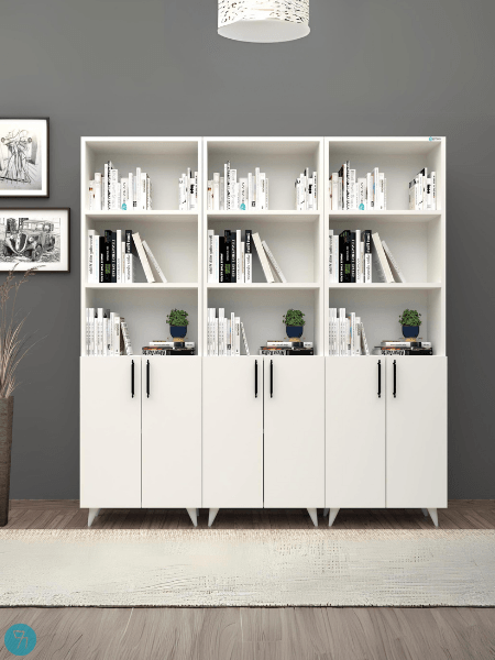 %100 Mdf Kapaklı Üçlü Modül Ayaklı Beyaz GenişKi̇taplık