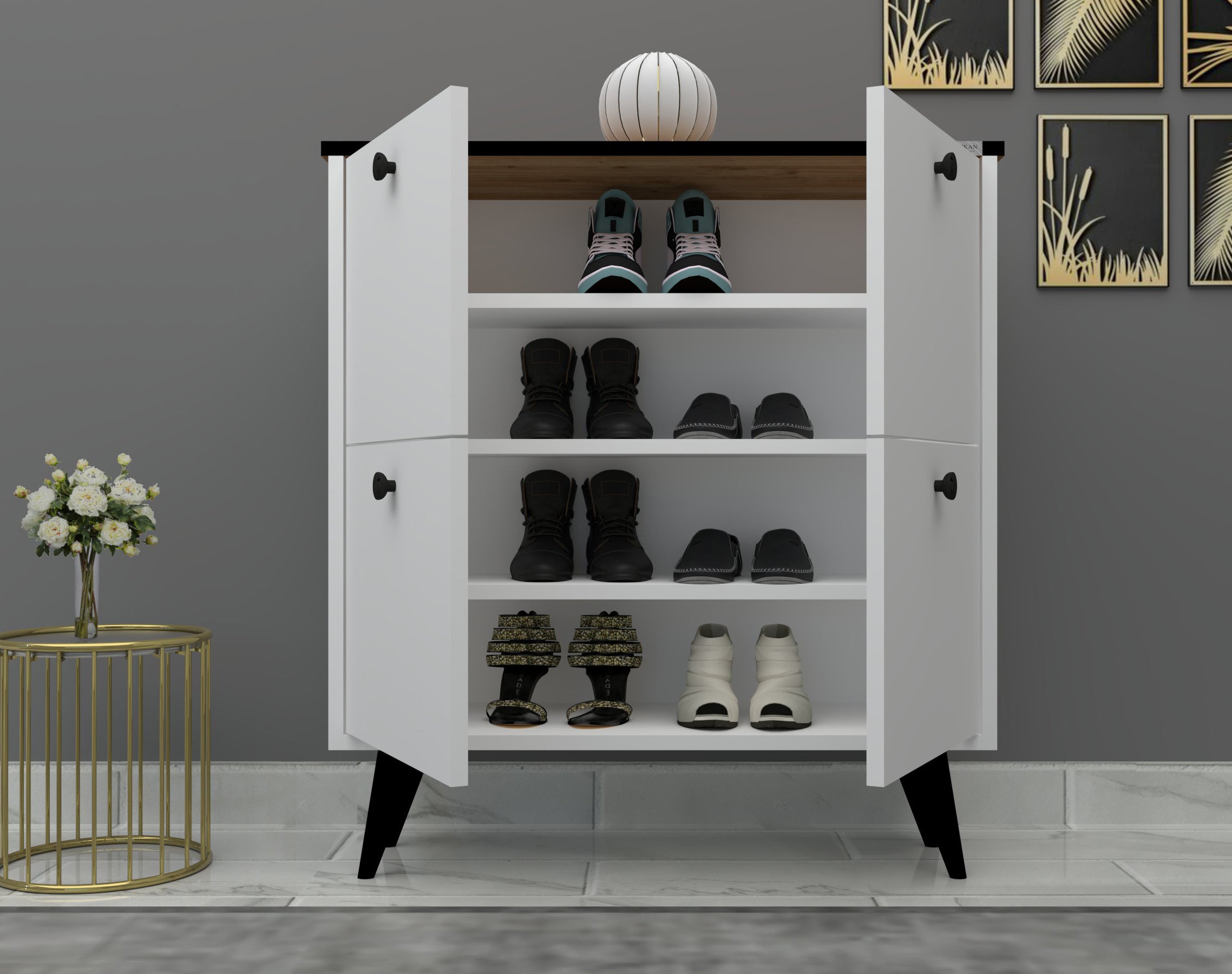 %100 MDF Akus 4 kapaklı Ayaklı Ayakkabılık Üstü Falez